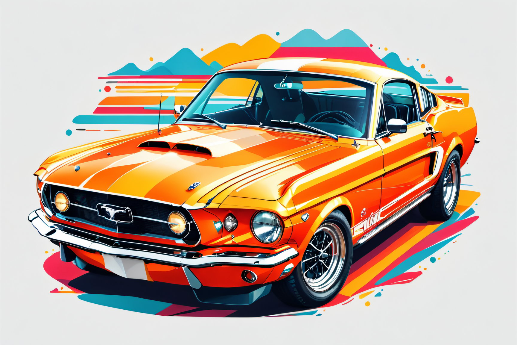 artwork of t-shirt graphic design, flat design of one retro ,retro car ,colorfull shades, highly detailed clean, vector image, photorealistic masterpiece, professional photography, simple sunrise backdrop , flat white background, isometric, vibrant vector((white background)),americal mucle car, mustang GT500