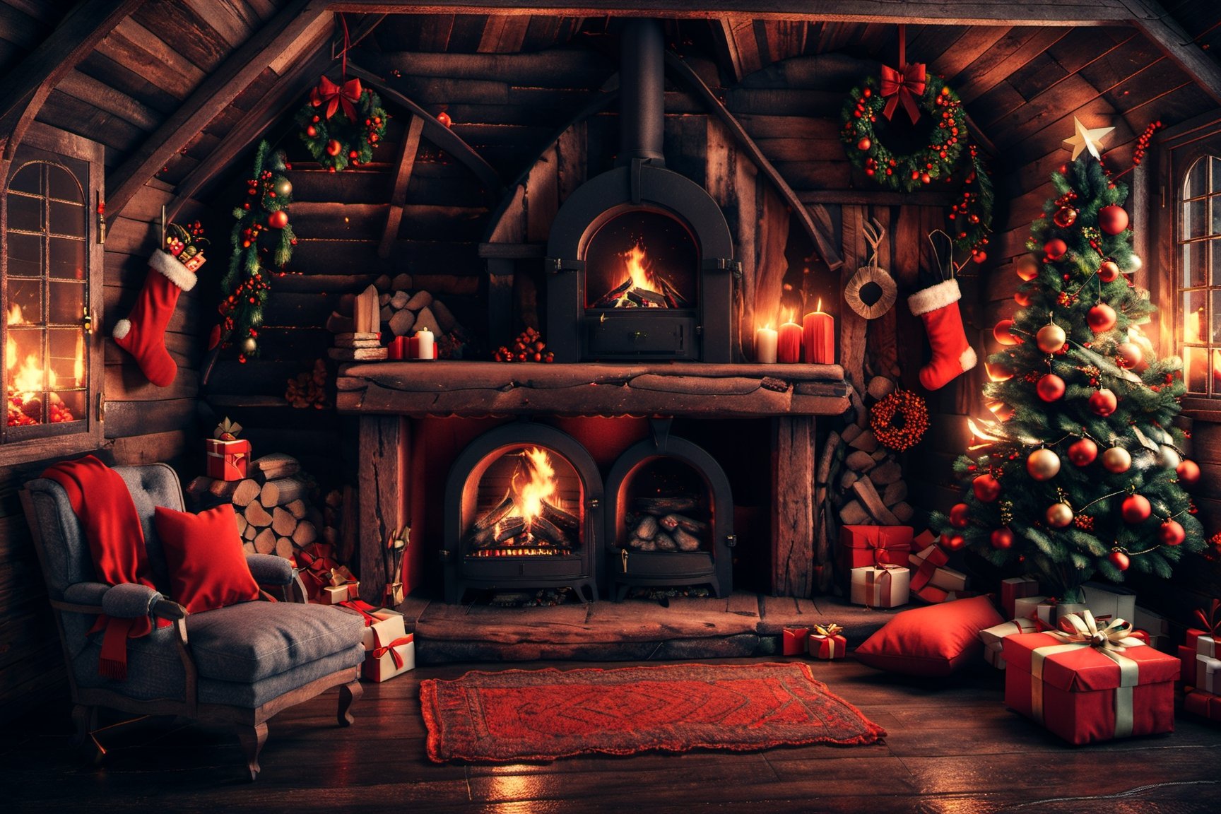 one cozy fireplace, old wood house, christmas, cute octane render, minimal, 3d model, pixar style