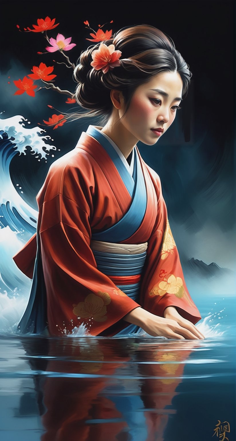 Craft a digital painting portraying a Japanese woman emerging from a Facebook profile page with meticulous attention to detail, featuring vibrant colors and dynamic water effects surrounding her. Capture the scene from various camera angles such as bottom view, top view, rear view, low angle, high angle, master shot, and extreme cinematic shot to add depth and immersion.
, in the style of esao andrews
