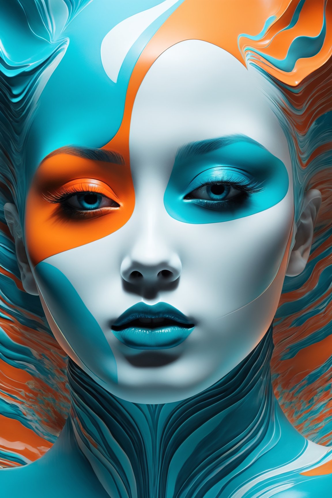 a closeup photo of pattern on a face, anaglyphic, dynamic composition and dramatic lighting, unusual, low camera angle and hyper-exaggerated perspective, blend of fine art photography and digital image manipulation, mesmerizing image, highly detailed, turquoise, orange, blue. Art style by Ito Ōgure, Vofan, Tatsuki Fujimoto, Tatsuya Endō, Boichi