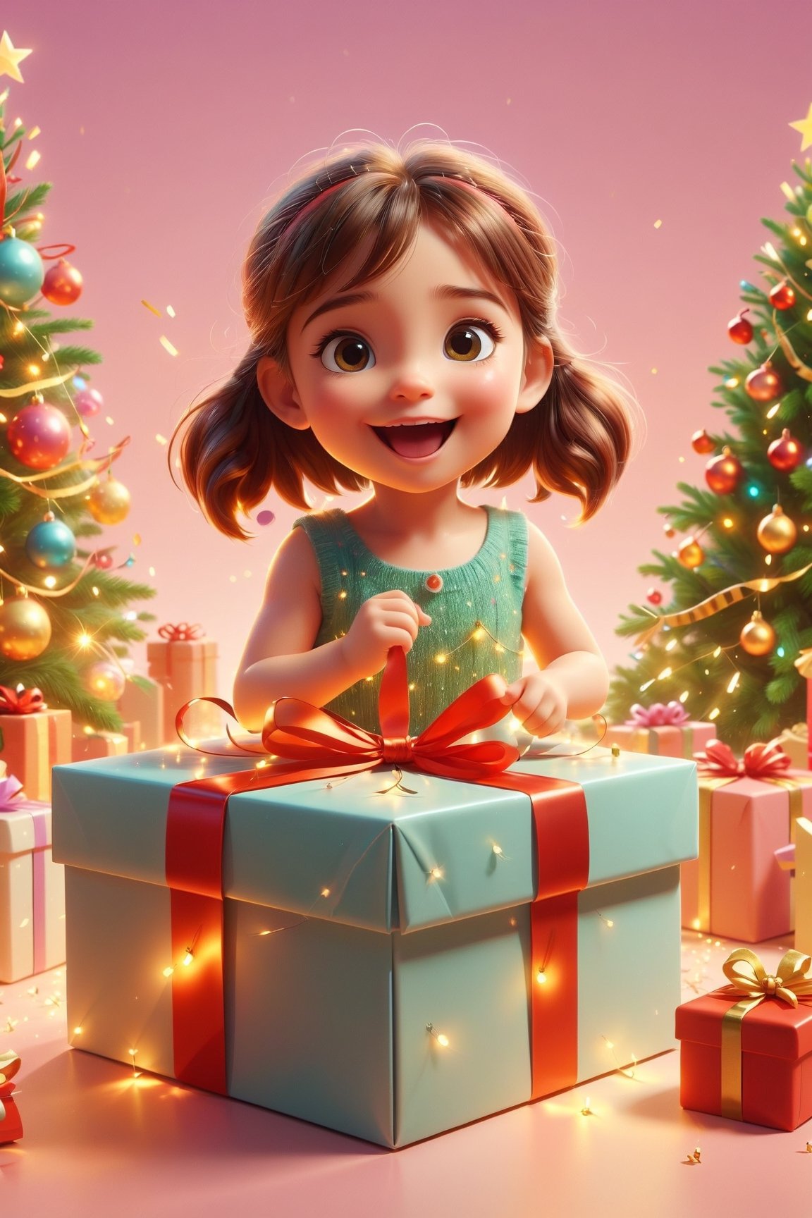 Create a scene with a tiny girl looking happy, excited, and surprised while opening a large gift box , ultra hd, realistic, vivid colors, highly detailed, christmas theme, pastel colors