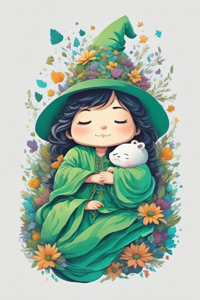Leonardo Style, illustration, Masterpiece, ((Full-body image of a man sleeping in the air)) , shining eyes , twin_braid , black hair , little girl, 10 years old, simple green witch's big hat and green robe, intricate details, 32k digital painting, hyperrealism, (abstract background:1.3), (colorful:1.3), (flowers:1.2), (zentangle:1.2), (fractal art:1.1) , parted bangs, SUPER HIGH quality, in 8K , intricate detail, ultra-detailed,chibi, best quality, white background, Centred vector art,tshirt design