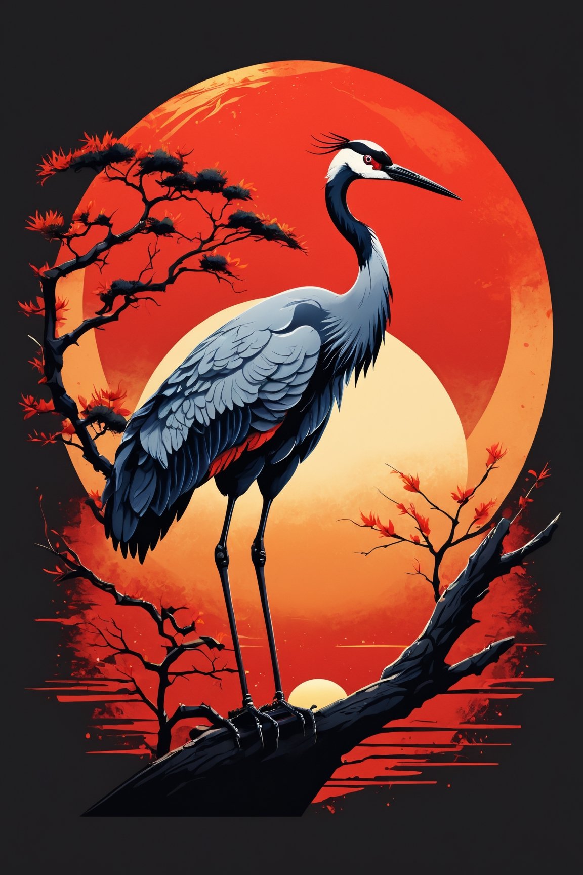(best quality, 4k, 8k, highres, masterpiece:1.2), ultra-detailed,T-shirt design,illustration, a painting of a crane standing on a branch with a red sun in the background