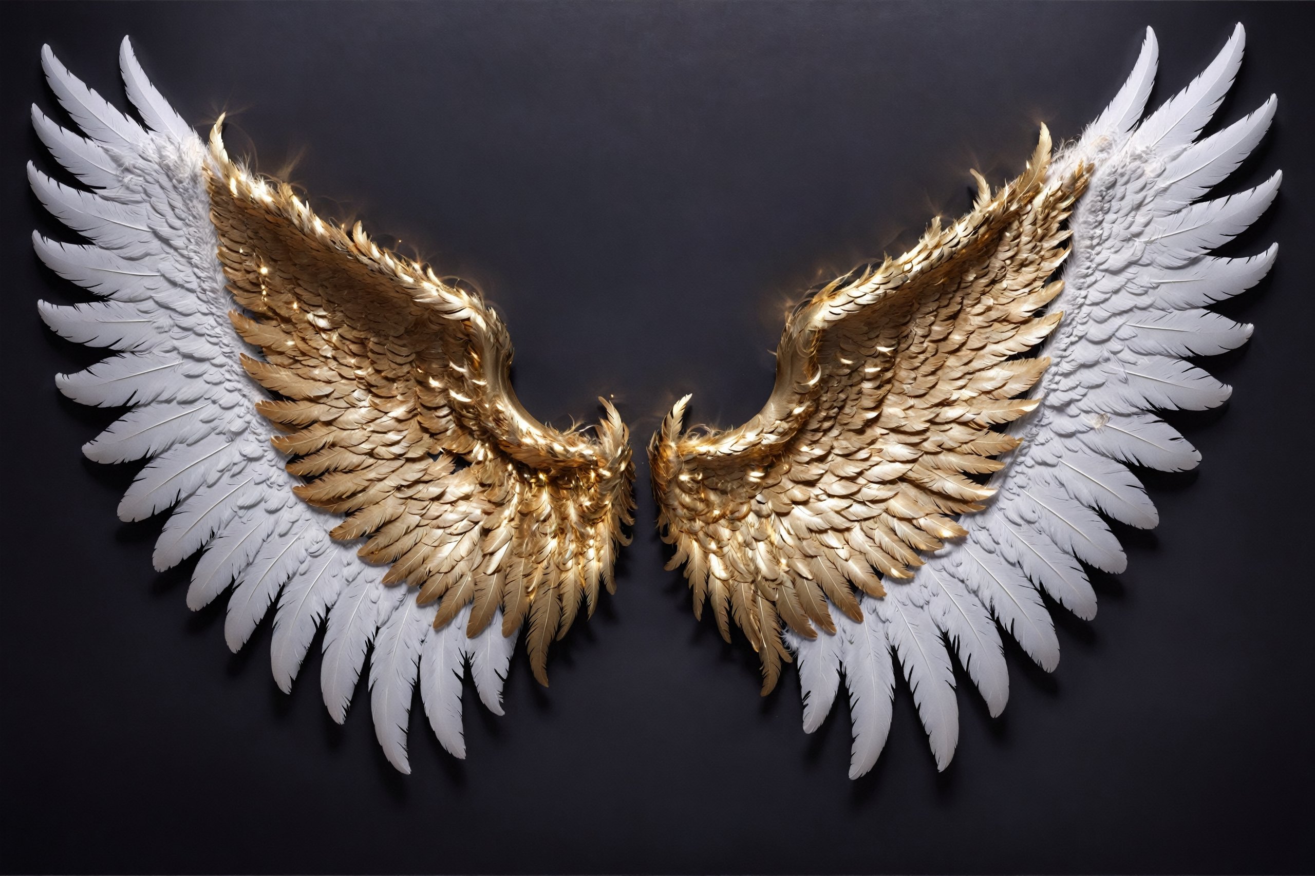 masterpiece, best quality, Arfang Photo realistic image of an angels wings gold with feathers