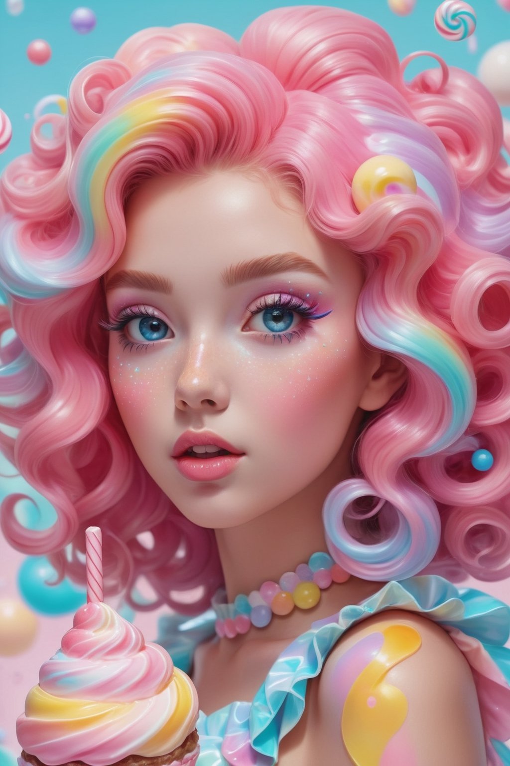 beautiful kawaii naughty girl, hyper detailed, cotton candy curly hair, candy freckles, bright makeup, holographic transparent candy dress, close-up portrait, highly detailed illustration, candyland character design, surrounded by swirls of ice cream and cream butter Pale pastel colors, bubblegum bubbles, gradient background. the candy girl