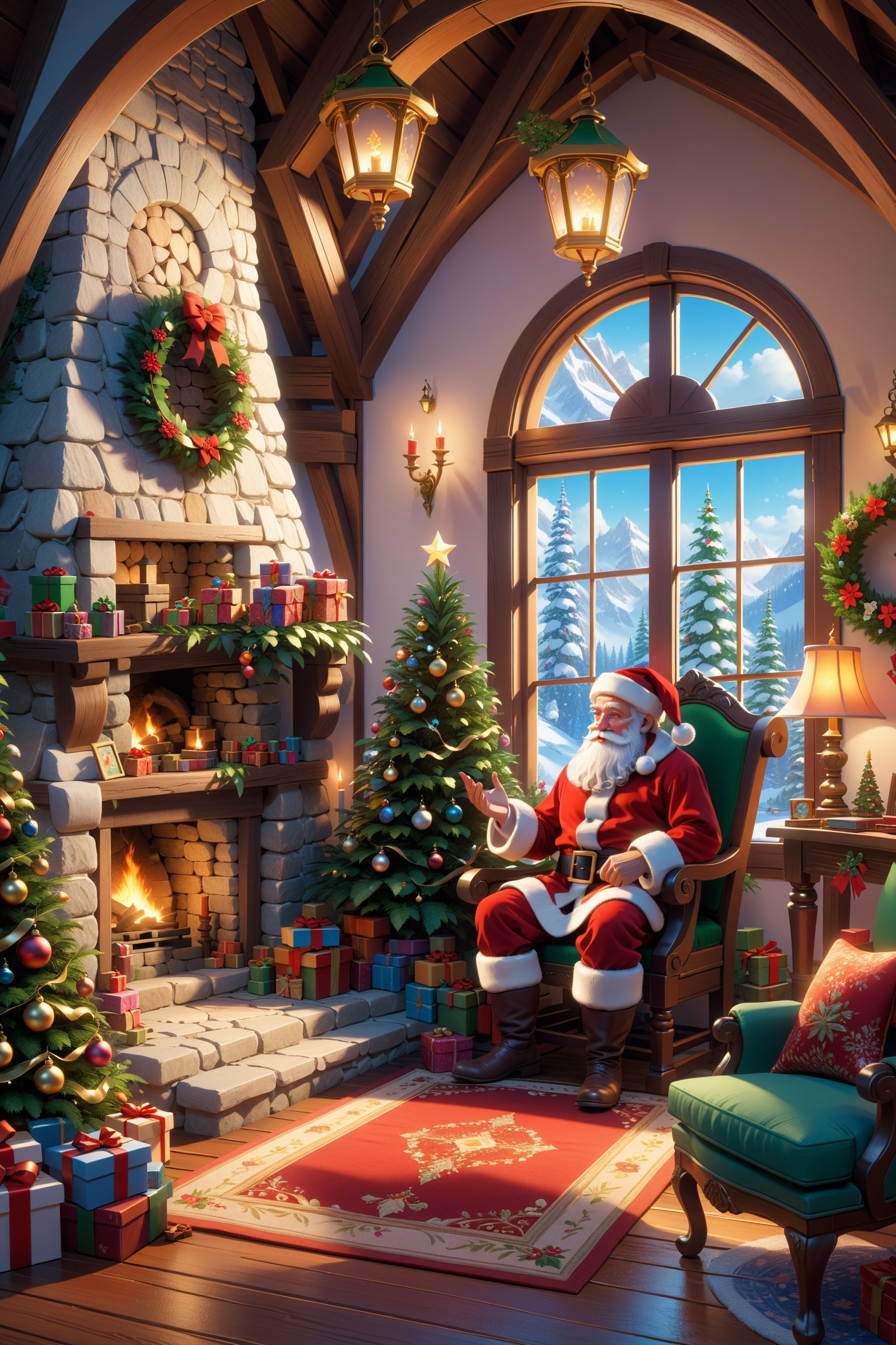 Interior of a Santa's home, majestic , a storybook illustration, by Alexander Kucharsky, Artstation, fantasy art, flowery santa's claus cottage, cute!!!, santa claus workshop close up, gorgeous composition, awesome greate composition, toys, gifts, character, beautiful anime art, by thomas kinkade, magic doorway, harsh fairy tale, christmas elements