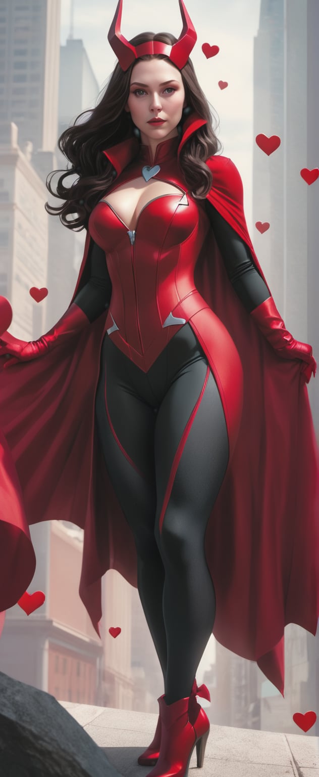 a woman in a red costume posing for a picture, inspired by Frank Miller, scarlet witch costume, elegant lady with alabaster skin, ryan kiera armstrong, fullbodysuit, [[fantasy]], yennefer, red hearts, super hero costume, benjamin vnuk, matte photo, she - hulk, devon cady-lee, lucas graziano, curvy
,b3rli,flat design