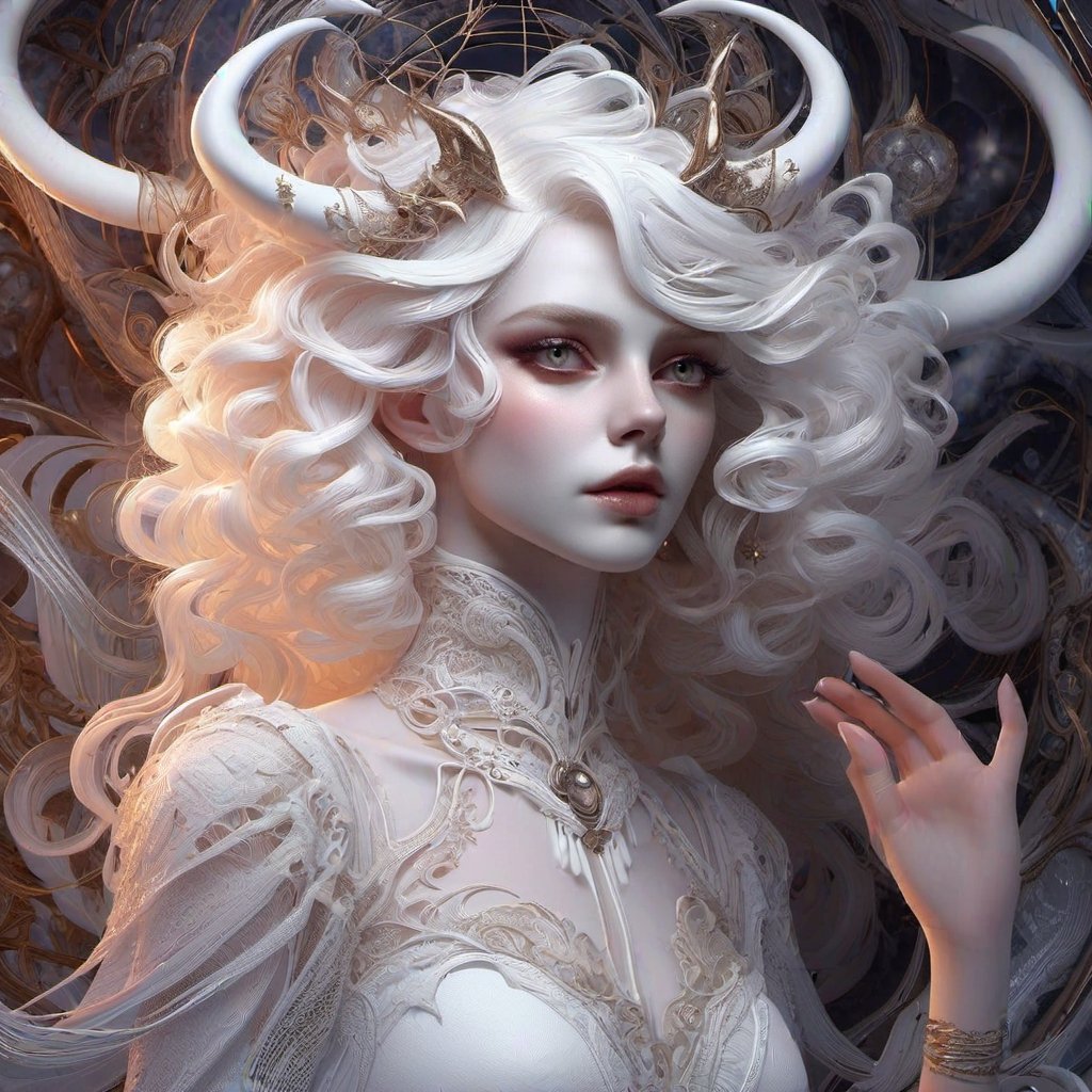 Heavenly daemonic, albino demon girl with lethargic sleepy smokey eyes, white curls , insect eyes, antenna , mesh fishnet blouse, (long intricate horns)  best quality, highest quality, extremely detailed CG unity 8k wallpaper, detailed and intricate, anna dittman, ivan bilbin,Decora_SWstyle