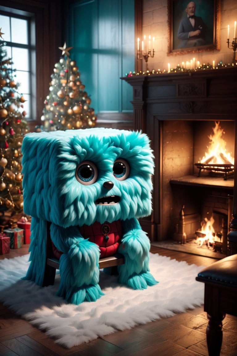 Happy cyan (fluffy cube:1.5) with eyes sitting on the chair in a beautiful old christmass room. There is a christmass tree, fireplace. Weak lighting. Night, masterpice, great artwork, 3d rendering, hidh quality, 8K