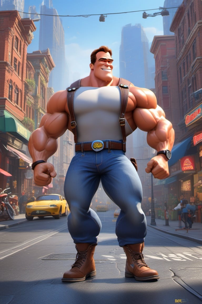 expressive caricature in Pixar style, unreal, mischievous, Arnold Schwarzenegger on city street, dynamic pose, cartoon art, trending style on artstation, sharp focus, studio photography, intricate details, highly detailed, by Greg Rutkowski, sharp focus, depth of field, unreal engine, perfect composition, digital art in Pixiv Fanbox, art station, 8k, hdr