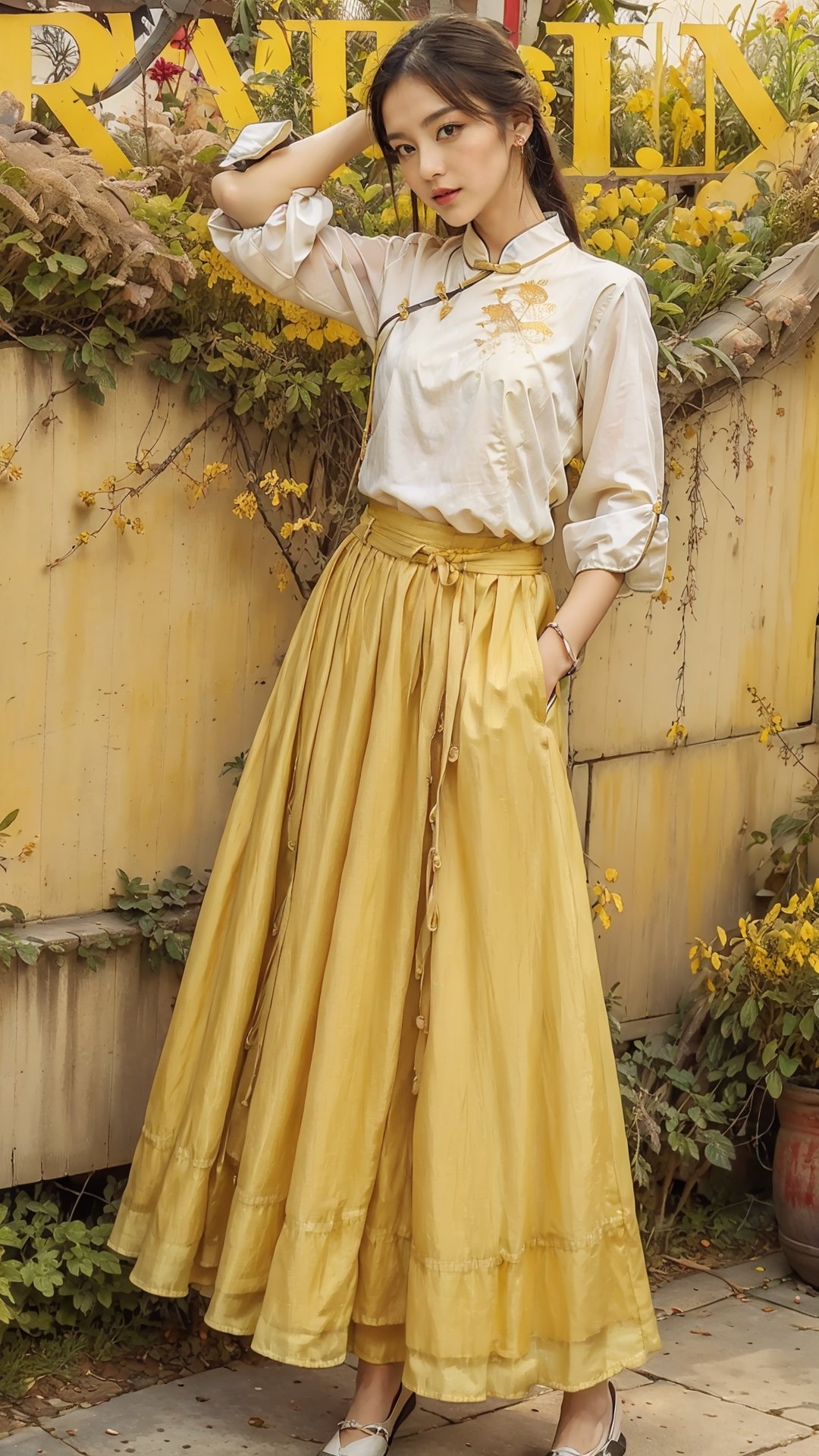extreme detailed, (masterpiece), (top quality), (best quality), (official art), (beautiful and aesthetic:1.2), (stylish pose), (1 woman), (fractal art:1.3), (colorful), (amber-yellow theme: 1.2), ppcp,long skirt,perfect,ChineseWatercolorPainting, magazine cover,