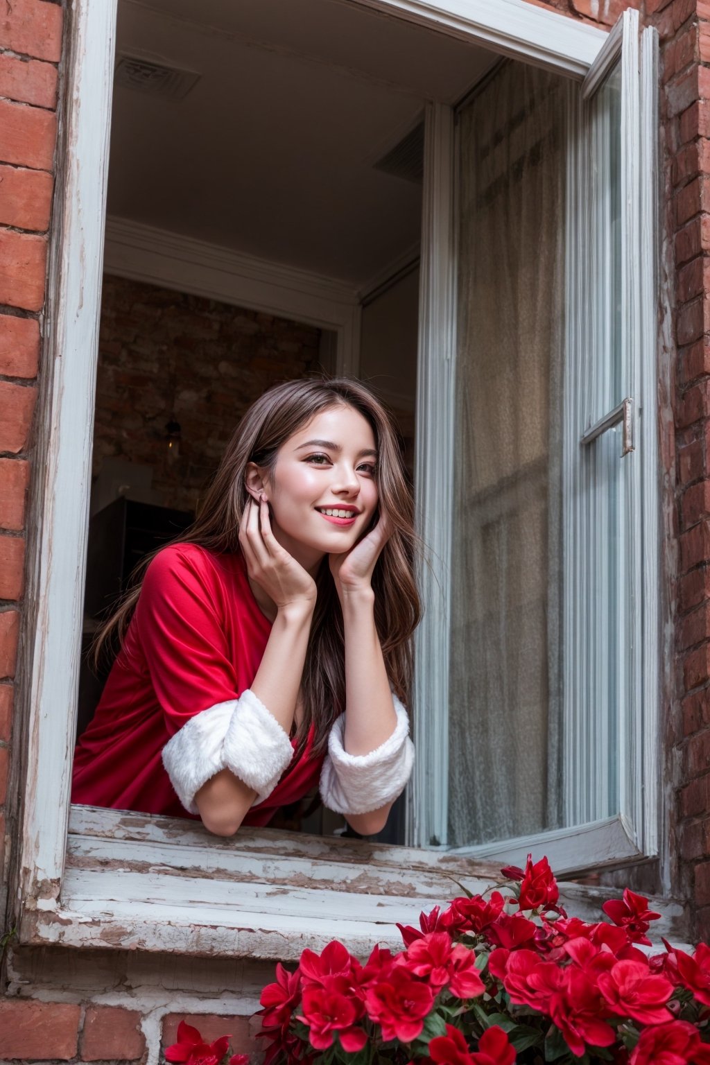 1girl, beautiful, girl wear santa costume,  girl for viewing from outside window, flowers in the window, brick wall, look at sunset, cute face, hands on chin pose, upper body, beautiful nature, smile face, romance_mood, Nelly,from outside window,Nelly,barbaradef