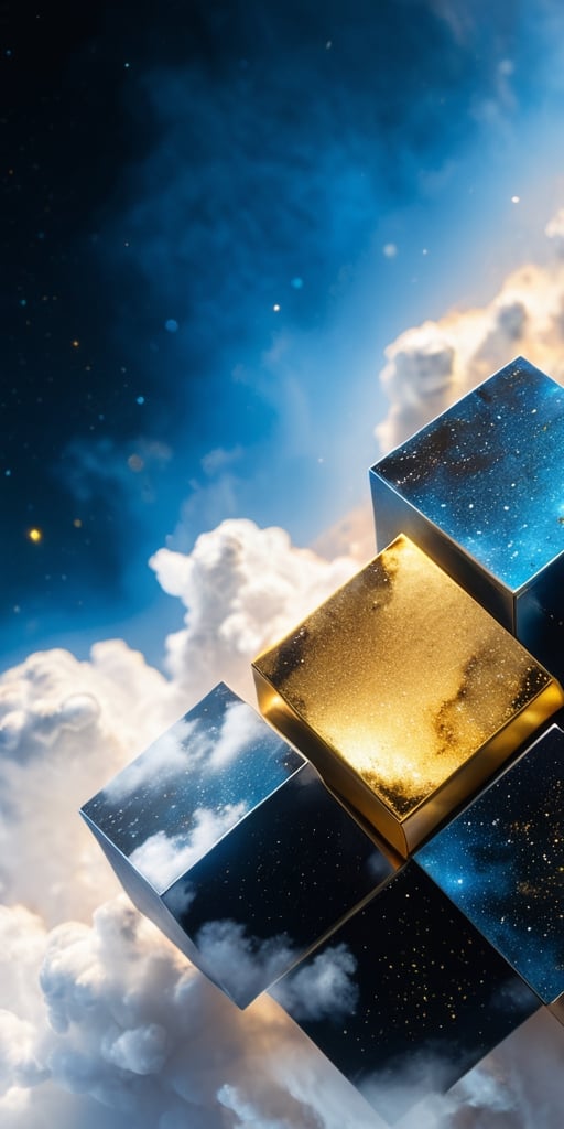 close up angle of (( on the cloud), (blue, gold, white, black colour cube dust),()detailed focus, deep bokeh, beautiful, , dark cosmic background. Visually delightful , 3D,more detail XL