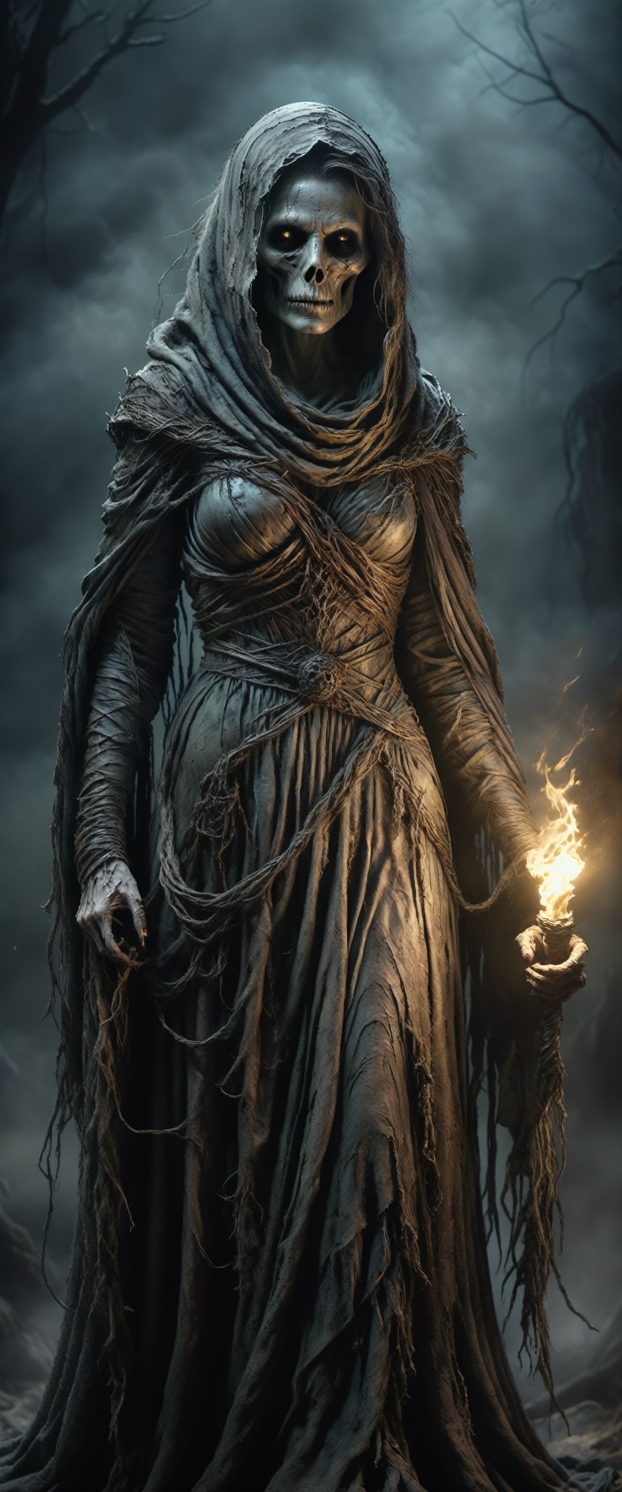 ((8k, extremely high-resolution)), image of a wraith, a malevolent spirit of a woman who wanders in search of souls to claim, holding a spectral light torch, bleak and scary, death and despair, soft and threatening colors, dark, dim light, high level of detail and realism, 

more detail XL, detailmaster2