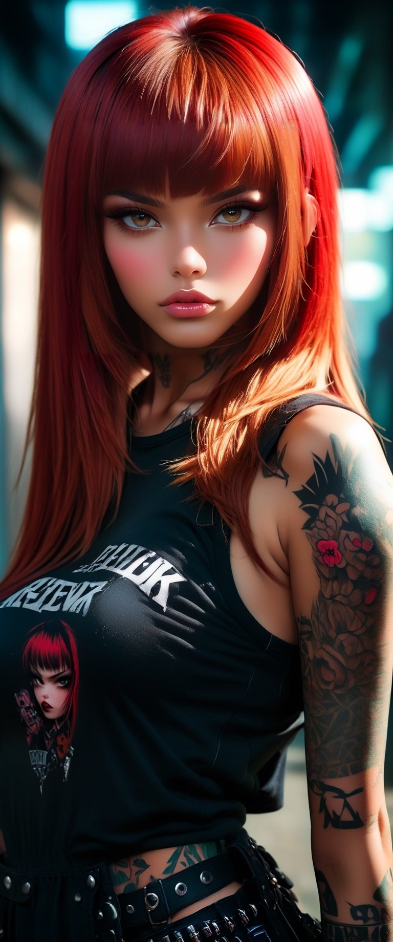 (masterpiece, top quality, best quality, official art, beautiful and aesthetic:1.2), hdr, high contrast, wideshot, 1girl, long red straight hair with bangs, look at viewer, clearly brown eyes, longfade eyebrow, soft make up, ombre lips, full body tattoo, medium breast, punk girl, (punk theme:1.5), finger detailed, background detailed, ambient lighting, extreme detailed, cinematic shot, realistic ilustration, (soothing tones:1.3), (hyperdetailed:1.2)