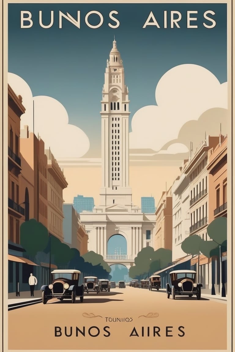 (Cassandre style:1.2),touristic poster of buenos aires in 1920s days,minimal vector,art deco,old fashioned,nostalgic