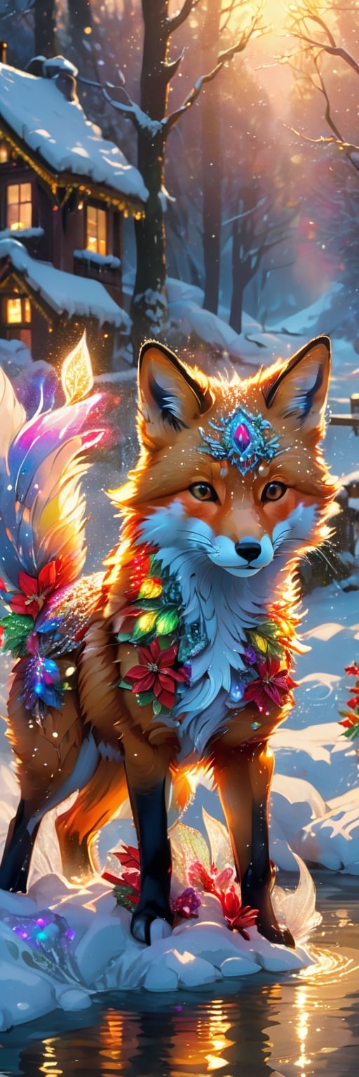 Create a intricately detailed christmas fox on snow, Christmas vibe, golden hour,  lit from behind,  ultradetailed ultrarealistic,  gleaming, work of beauty complexity and complexity,  close-up,  by a river stream,  chrismascore,  snowqueen,christmas,ColorART,  poinsettia flowers cascading in the breeze,  christmas ornaments ,colorful