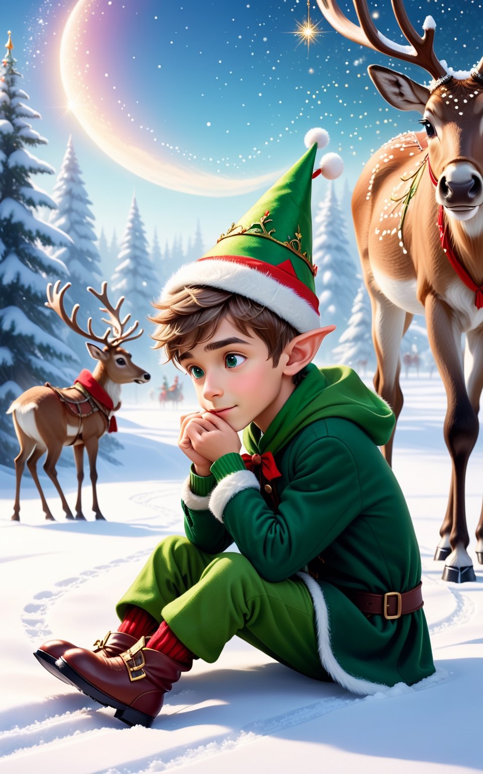A cute and lifelike elf boy with elf ears, dressed in stylish winter clothes inspired by Juicy Couture fashion, sits on the snowy ground scratching his ear, watching in wonder to the distance. A Santa Claus carriage flies by in the background, its reindeer leaving a trail of sparkling magic behind them, Mysterious