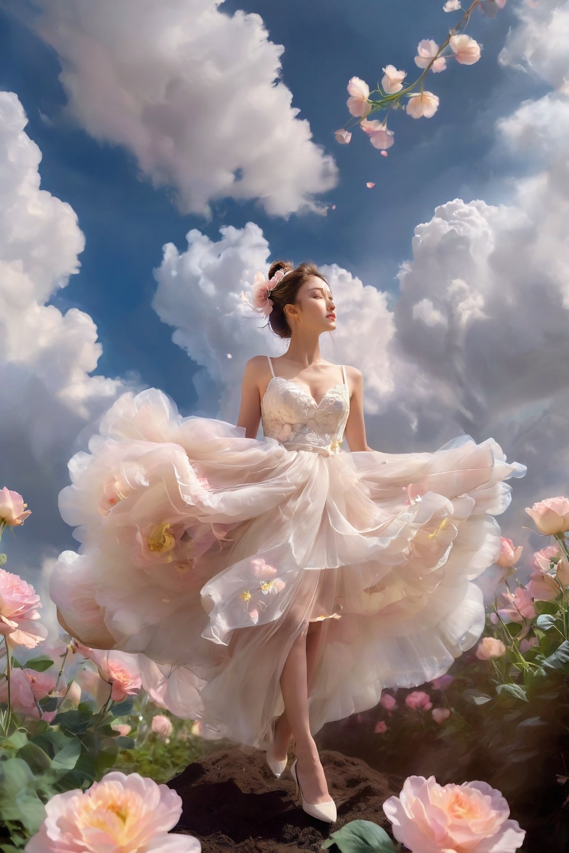 solo,dress,(flower:1.3),Petals drifting from the sky,hair bun, happy,the sky,In a bright scene,In the cloud, on the cloud, Dynamic angles,dynamic poses,random actions,(best quality),(realistic medium, photo realism:1.3),(masterpiece:1.3),