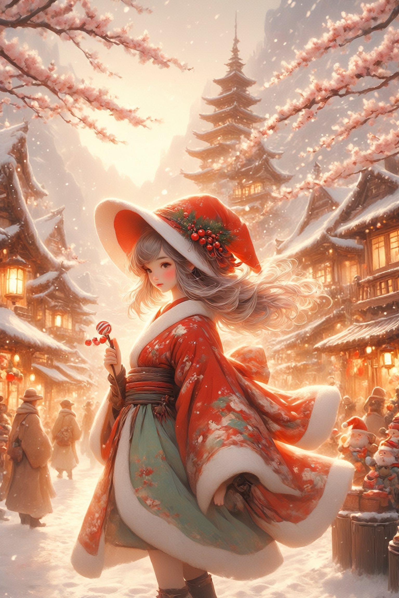 1Girl,high quality, 8K Ultra HD, cowboy shot, Envision her in a soft ethereal style,
nostalgic  Santa Claus girl,old Japanese-inspired fantasy town, , embodying the spirit of the season with a blend of elegance and innocence. Picture her surrounded by cherry blossoms, donning a kimono-inspired outfit, and radiating a warm, enchanting presence as she brings a touch of holiday magic to the whimsical, otherworldly streets,
Christmas Fantasy World