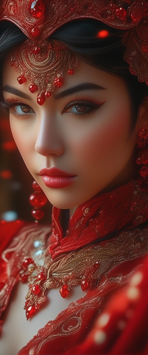 a potrait of a Mely Kathleeni, a woman in a red dress with, Miki Asai Macro photography, close-up, hyper detailed, trending on artstation, sharp focus, studio photo, intricate details, highly detailed, by greg rutkowski
 ,porcellana style