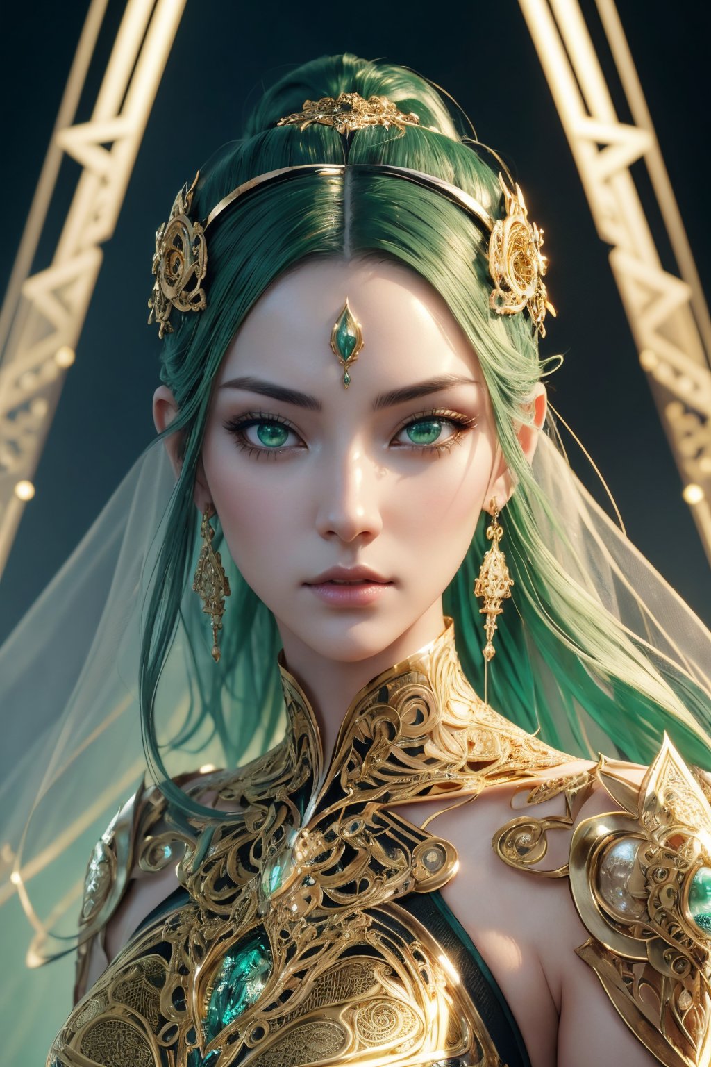 surreal photography of a stunningly beautiful cyborg female, green eyes, embraced, delicate gold filigree, intricate detailed, glowing, in the style of beth cavener, jin kagetsu, and wlop, highly detailed, intricate filigree, chrome face symmetry, masterpiece, award - winning, sharp focus, concept art, high key, ambient lighting, 8 k, octane render