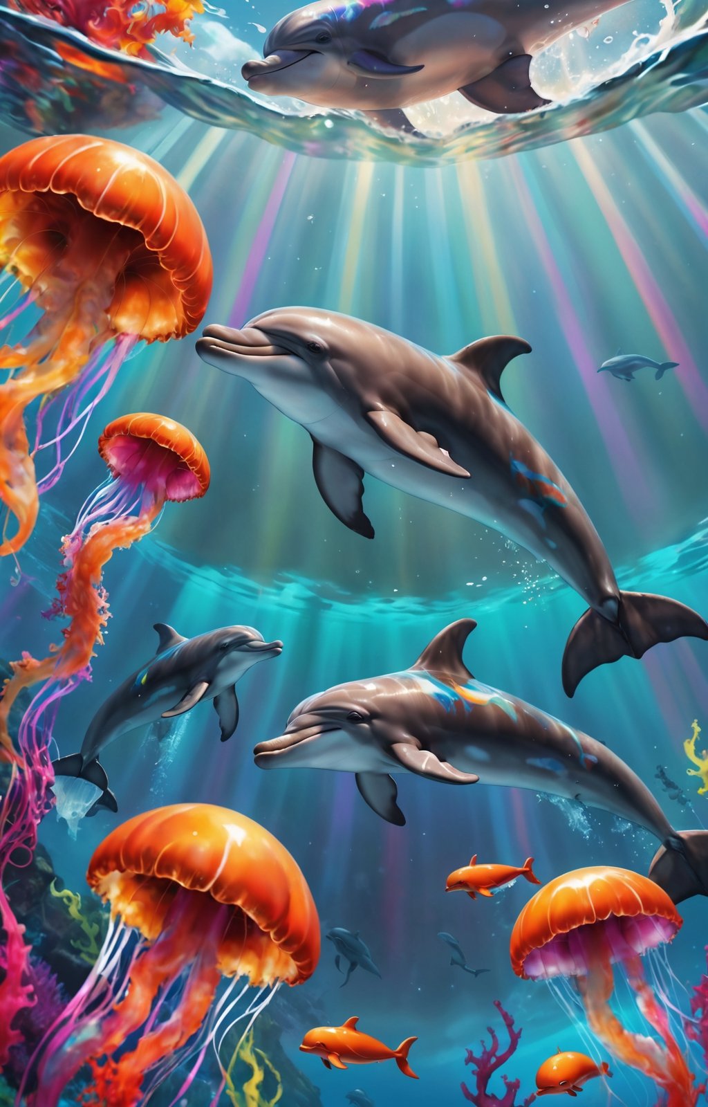 Magical dreams, landscapes, photorealestic, Illustration of dolphins swimming in colorful waters, Look up at the composition, Jellyfish and whales