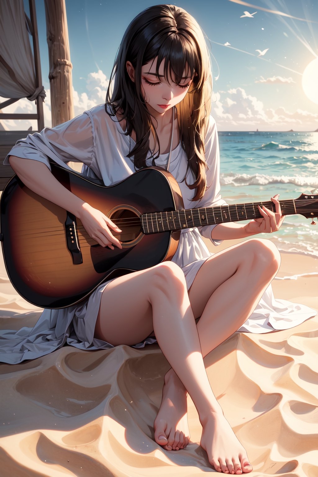In this photographic scene, a woman finds solace on a beach, her toes sinking into the golden sand. The sound of her guitar resonates through the air as the sun reaches its peak, creating peaceful midday vista, open eyes,kitagawa marin