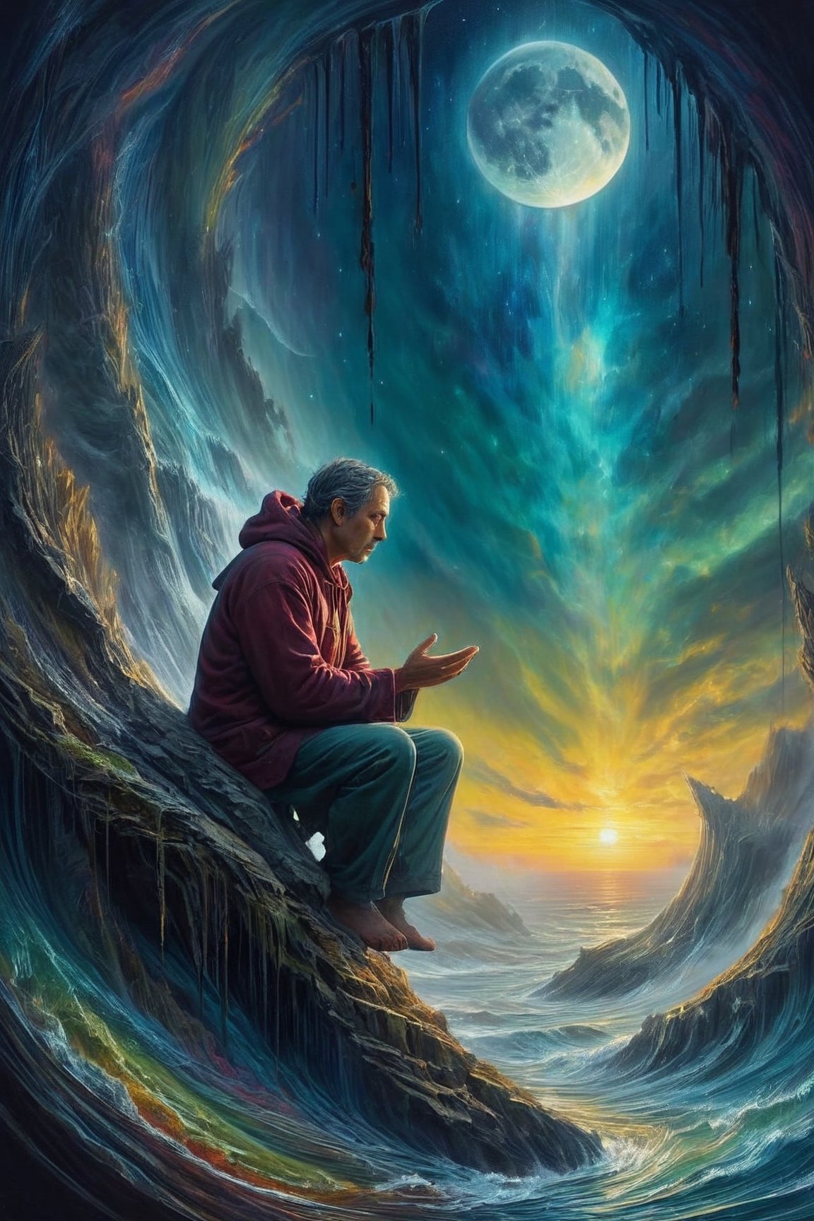 Breathing life into every moment, hanging onto words like lifelines, reaching out to touch the fleeting night before the sun arrives. A beautifully detailed image of a man immersed in a moment of contemplation, captured in a stunning painting. Every brushstroke radiates emotion and depth, with vibrant colors and intricate details bringing the scene to life. The high quality of the artwork is evident in the lifelike portrayal of the man's deep and introspective expression, drawing viewers into the poignant narrative of the fleeting nature of time.,art_booster,Decora_SWstyle