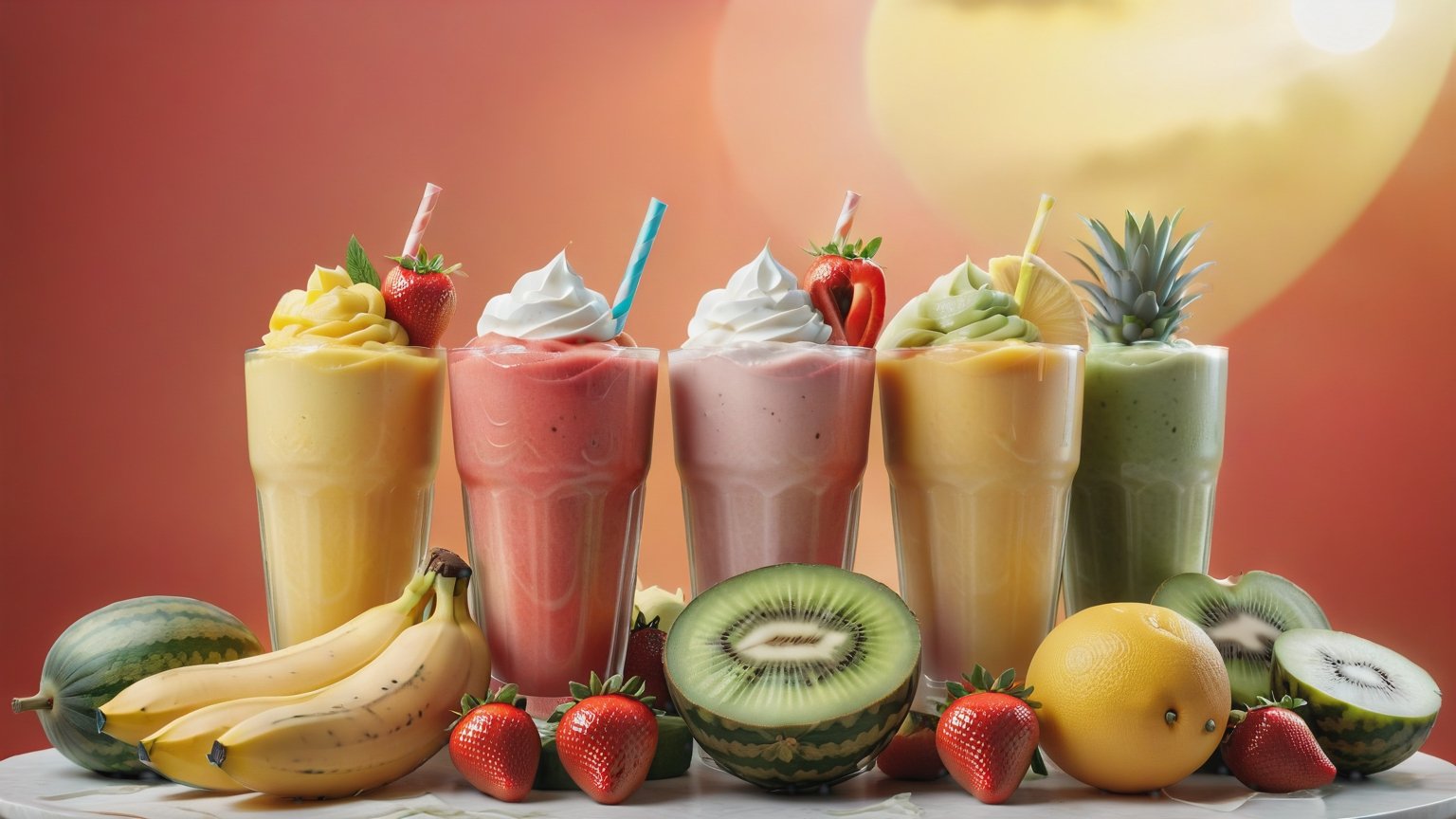 (best quality, 8K, highres, masterpiece) Create a realistic Food photography for advertising, 5 different color smoothies, watermelon, kiwi, banana, apple, strawberries, mix berries, yogurt, mango, pineapple, natural lighting, red pastel backdrop, realistic, short plastic cup