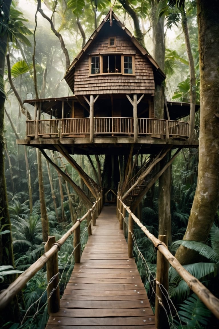 jungle, tall trees, ((two treehouses)), bridge from one treehouse to the other treehouse, hyper-realism, realistic, masterpiece, intricate details, best quality, highest detail, professional photography, detailed background, depth of field, insane details, intricate, aesthetic, photorealistic, Award - winning, with Kodak Portra 800, a Hasselblad 500, 55mm f/ 1.9 lens, extreme depth of field, Ultra HD, HDR, DTM, 8K,realistic