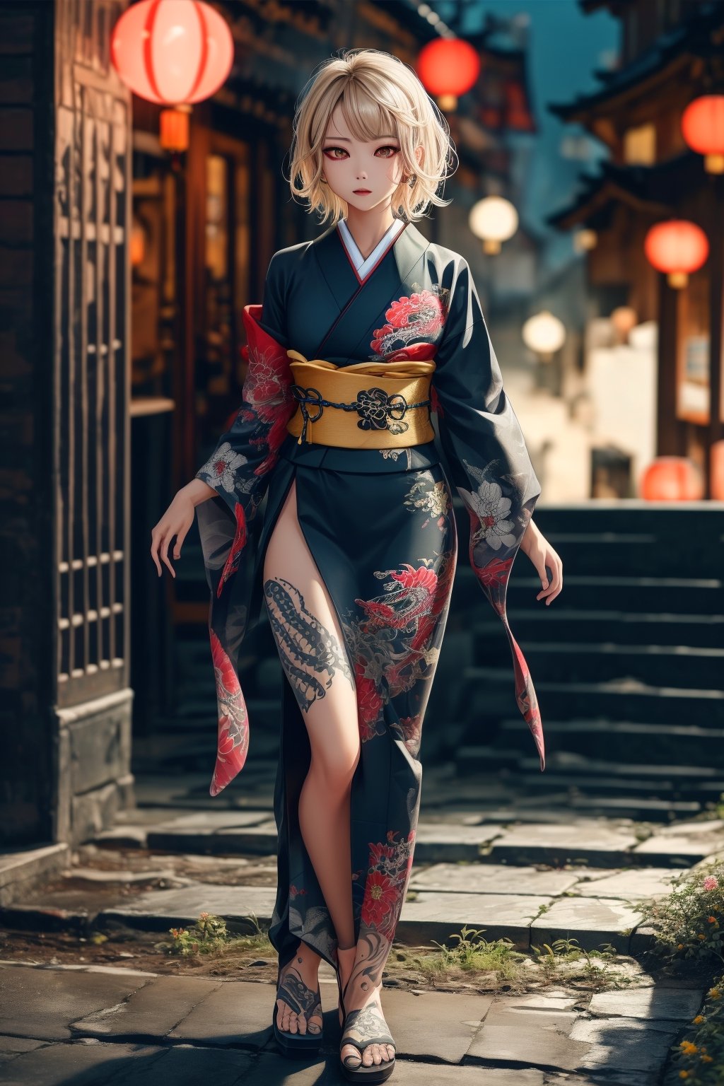(Ultra realistic, detailed, high resolution) Full body shot of incredibly beautiful female assassin, lit by moonlight, facing front, staring at monitor, very pretty face, short cut blonde hair, mid 20s, black kimono, intricate and beautiful flower and dragon Japanese carved tattoos peeking through the flapping kimono, yakuza tattoo, Dynamic dragon, powerful aura, depth of field, high quality, high definition, Luminous Studio graphics engine, ultra-realistic portraits, character rendering for film,YakuzaTattoo