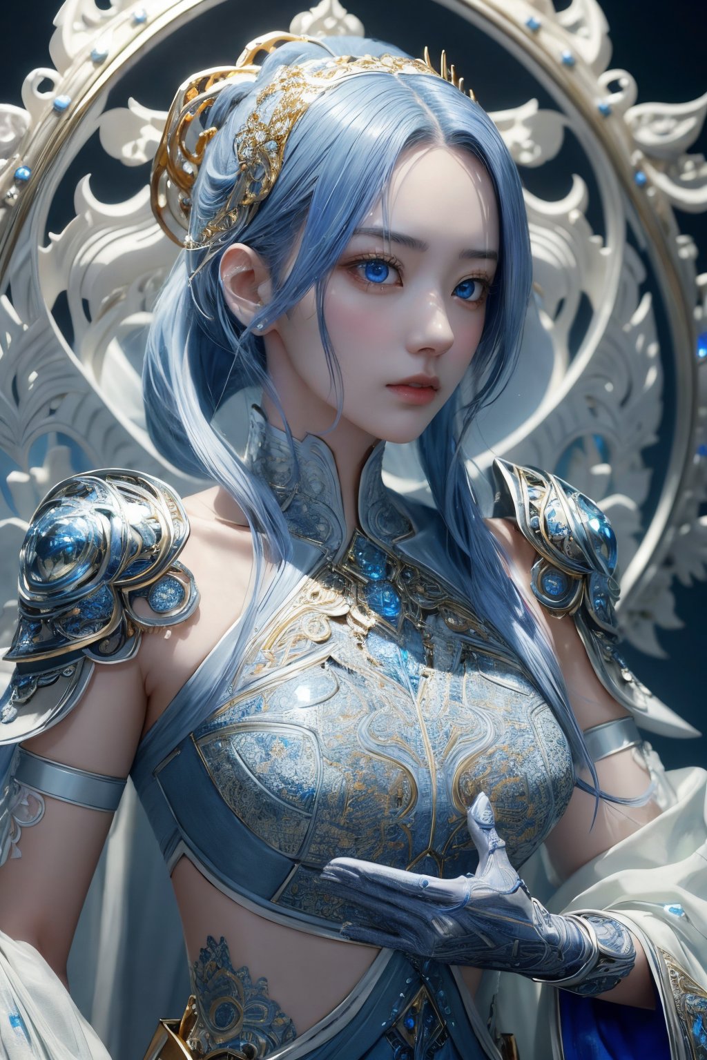 surreal photography of a stunningly beautiful cyborg female, blue eyes, embraced, delicate gold filigree, intricate detailed, glowing, in the style of beth cavener, jin kagetsu, and wlop, highly detailed, intricate filigree, chrome face symmetry, masterpiece, award - winning, sharp focus, concept art, high key, ambient lighting, 8 k, octane render,Miyawaki