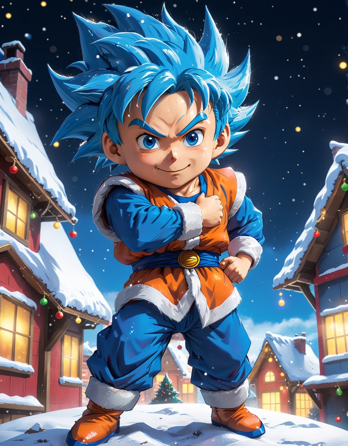 Art in maximum 16K resolution, with the adorable chibi style, featuring Goku transformed into Super Saiyan Blue with corresponding hair. He wears the iconic Santa Claus costume, adding a touch of cuteness to his powerful form. | The scene highlights Goku with expressive eyes and a friendly smile, radiating an aura of joy. His blue hair, characteristic of Super Saiyan Blue, complements the cute appearance. | The composition emphasizes his relaxed posture, and he is surrounded by festive elements. Christmas lights, presents, and a touch of snow on the ground create a cozy atmosphere. | Soft lighting enhances the cute features, with sparkle effects adding a magical touch to the scene. | Enchanting scene of Goku in Super Saiyan Blue mode, dressed as Santa Claus, in the festive Christmas spirit. | (perfect pose), He is adopting a ((dynamic pose as interacts, boldly leaning on a large structure, leaning back in a dynamic way):1.3), ((full body)), perfect hand, fingers, hand, perfect, better_hands, More Detail,more detail XL