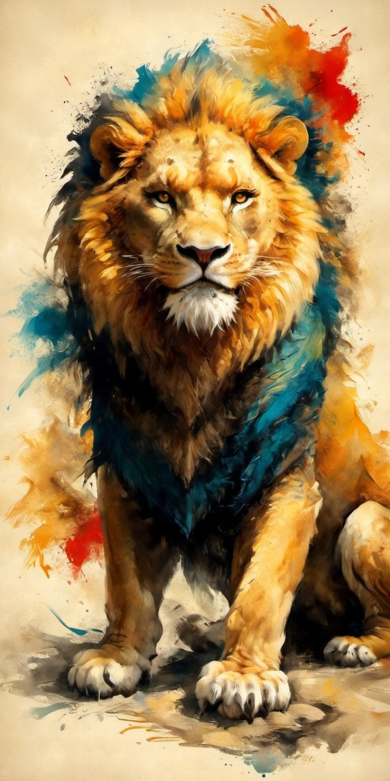 full-body picture .Generate hyper realistic image of an ancient scroll featuring an ink wash painting of a lion, surrounded by traditional brushstroke elements, creating an evocative piece reminiscent of classical Asian art, Movie Poster,Movie Poster, sharp focus, intense colors, vibrant colors, chromatic aberration,MoviePosterAF, UHD, 8K,oil paint,painting