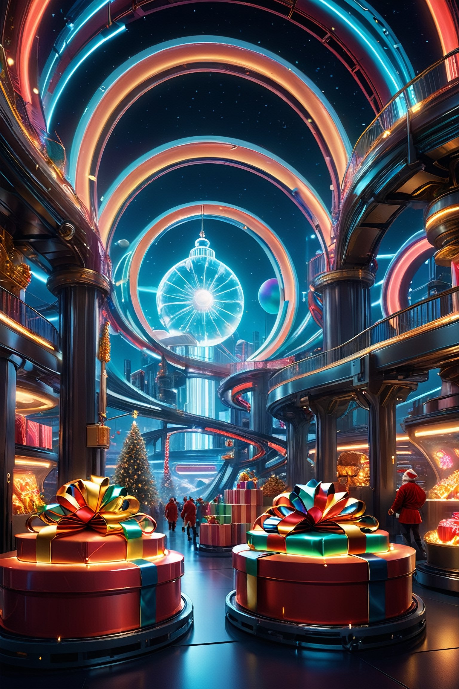 ((Top Quality)), ((Masterpiece)), ((Realistic, Digital Art)), (Super Detailed), DonMC0sm1cW3bXL, Surrounded by swirling neon lights and mechanical wonders, boxes of colorful presents roll along a conveyor belt. Imagine a giant gliding factory of the future. , creating a surreal symphony of technology and tradition. ,aw0k Euphoric style, Christmas theme, Santa Claus's secret base, ((Santa Claus poses proudly watching the scene))