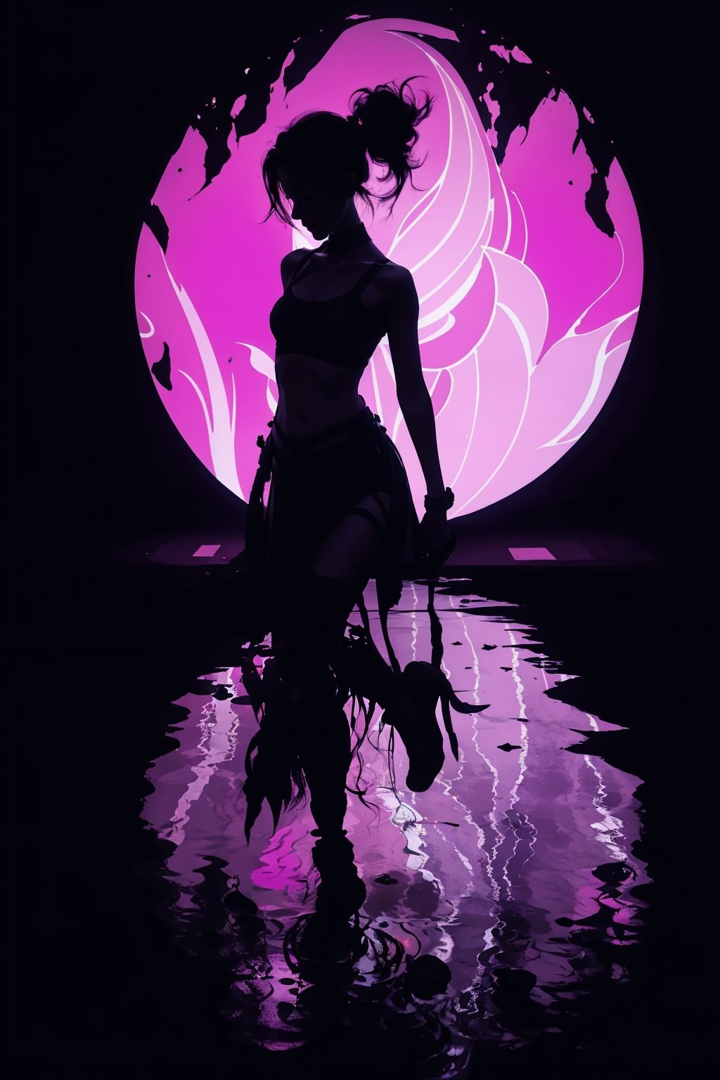 (silhouette:1.25),1girl,dark background,blacklight,mid shot,full body,somber expression,looking down,dark energy,vibrant magenta,portal to another world,flat color,flat shading,ultra realistic,highres,superb,8k wallpaper,extremely detailed,intricate,limited palette,pink,
