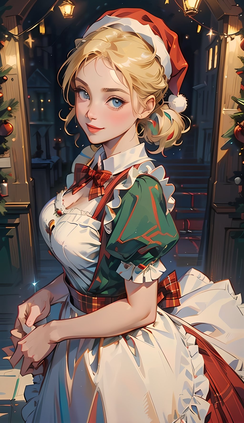 medium shot from waist up, ((1 girl, adorable, happy)), ((slim face)), ((maid, red and green plaid skirt, maid apron, dirndl, short sleeves, puffy sleeves)), ((santa hat)), (blonde hair, two ponytails, blue eyes, makeup), (large breasts, voloptuous), (sweet charm:1.3), falling snow, snowflakes, Christmas medieval village, surrounded by vibrant Christmas lights, sunlight from above to give heavenly feeling, scenery, soft, cozy, glitter.