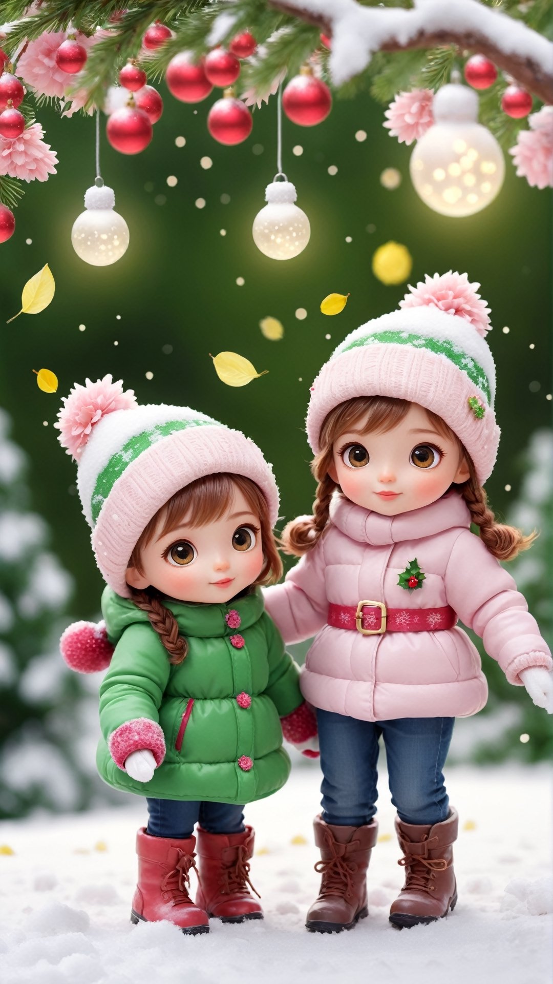 Merry Christmas style, Winter style, snow falling, snowman ⛄, Christmas flowers blooming, Two happy and cute lovely little girl and boy, looking at the world go by, high definition, pixar style, white background, full body , flowers blooming and lamps lignting bokeh as background winter style, realistic high quality, leaves falling, big eyes so cute and beautiful, under the tree have a table,  and beautiful flowers, leaves falling, Christmas tree near flowers, Turn around and look viewers , pink flowers blooming fantastic amazing and romantic lighting bokeh, yellow flowers blooming realistic and green plants amazing tale and lighting and candys full the bucket, as background,Movie Still,chibi