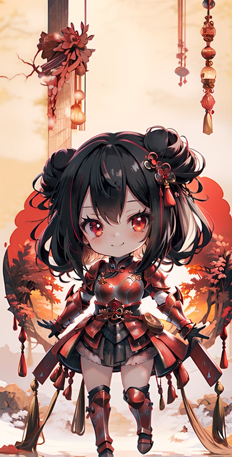 Girl, medium hair, half body shot, light black hair, double bun, determined face, smile, erotic expression, medium breasts, red armor, Chinese armor, stretched, straight body, in sandy wilderness, sunshine, masterpiece, best quality, 8k,Rebellious girl,delicate\(armor\),masterpiece,sanguozhi,chibi