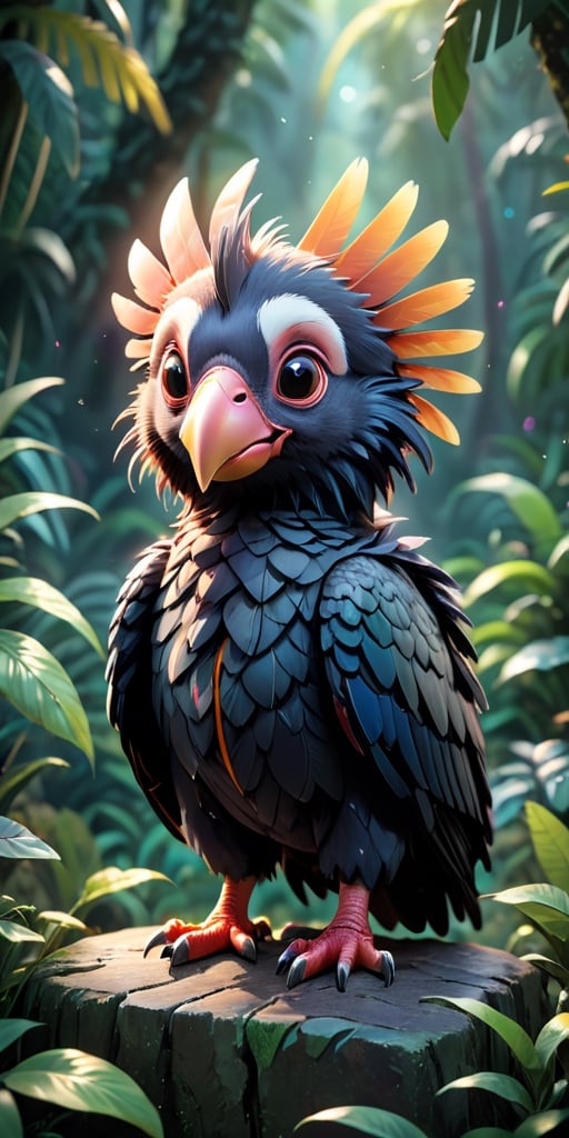 close up angle of, , ((),(3d California Condor )) surrounded by jungle( )  ,animal, detailed focus, deep bokeh, beautiful, , dark cosmic background. Visually delightful , 3D,more detail XL,chibi,Rainbow kitten 