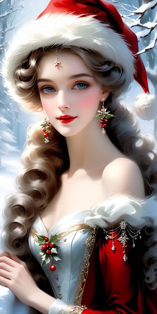 #christmas.santa hat ,santa costume,
Perfect face, perfect body, perfect eyes, glamorous, gorgeous, delicate, romantic, Elizabethan woman, winter (((christmas clothes))), romanticism, Harrison Fisher dark twist style, by Tokaito