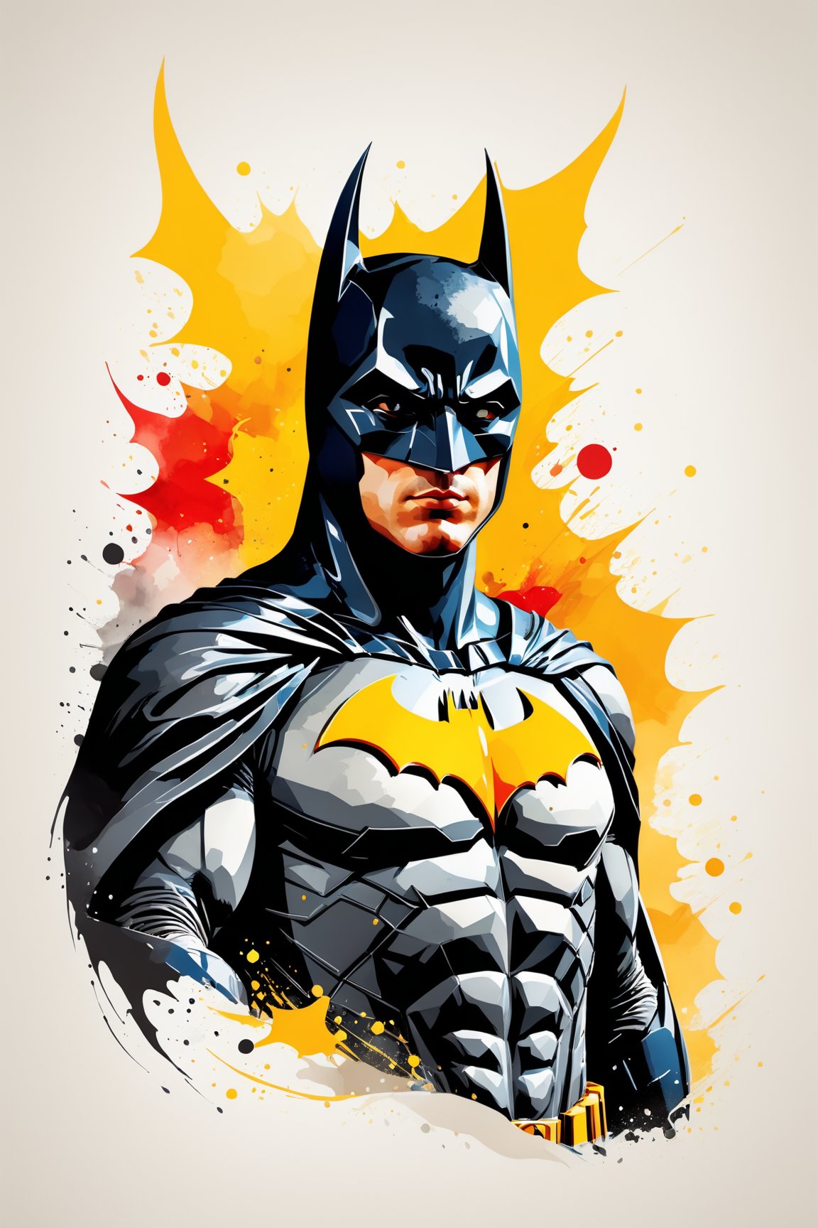 vector t-shirt design, minimalistic ink drawing style, vanishing point on white paper, Batman, watercolor splash, with yellow and red ,art incorporated as complimentary elements, poster, illustration, 3d render, cinematic