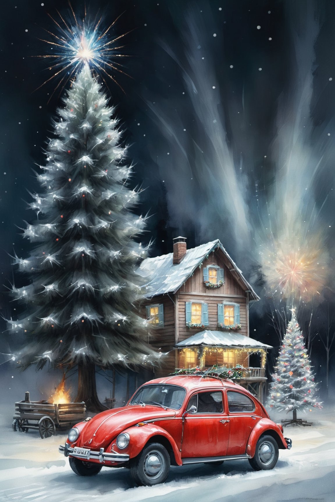 Vintage Volkswagen beetle car near a small suburban wooden house, 

a large Christmas tree with a garland in the background, 

winter, 

Christmas, 

fireworks, 

new year, 

watercolor, 

holiday atmosphere, 

artstation trend, 

sharp focus, 

studio photo, 

complex details, 

high detail, 

Greg Rutkowski, 

Yossi Kotler, 

artgerm, 

WLOP., 

Myst
