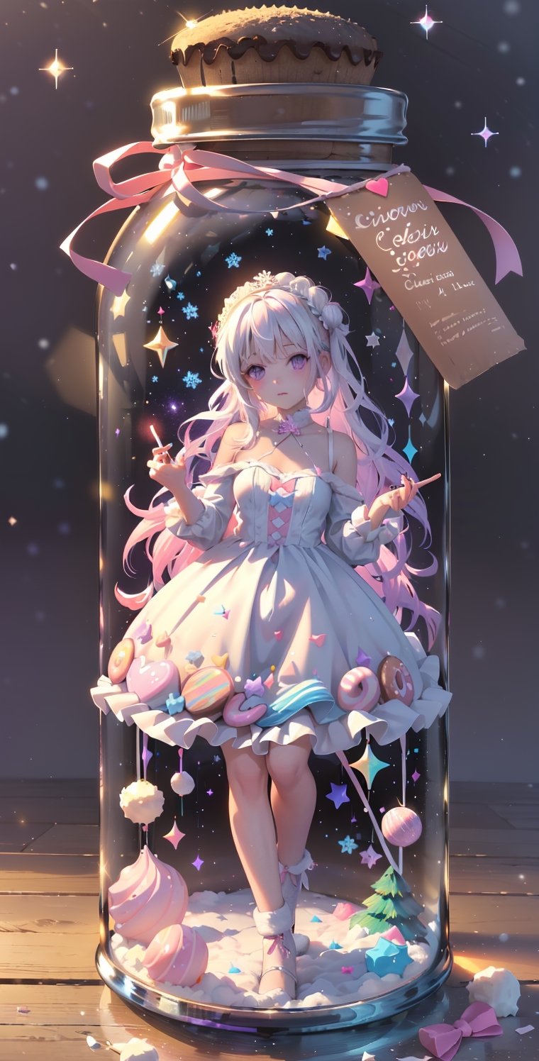 ((((1girl, bright white hair, long hair, purple eyes, pale skin, lolita dress, white dress, short dress, white thigh stockings, small breasts, pale skin, soft skin, rainbow, hearts, pastel, crystals, halo, colorful, doll, pink, purple, blue))))
((sun))
((lots of dolls everywhere))
((background, outside, sakura trees, lake, flowers, Hyacinths, forest, snow, snowing, snowflake, ice))
((light atmosphere))
(fluffy, soft, light, bright, sparkles, twinkle, cute, pink, purple, blue, clouds, pastel, light colors, glitter, happy, normal pupil)
best quality, masterpiece, Detailedface, high_res 8K, candyland, full background, candy, sweets, lollipop, chocolate, ice cream, swirl lollipop, strawberry, ice cream, doughnut, cake, cupcake, balloon, chocolate bar, bubble, cream, whipped cream, dessert, pastry, candy wrapper, icing, teacup, confetti, cotton candy, JAR,masterpiece