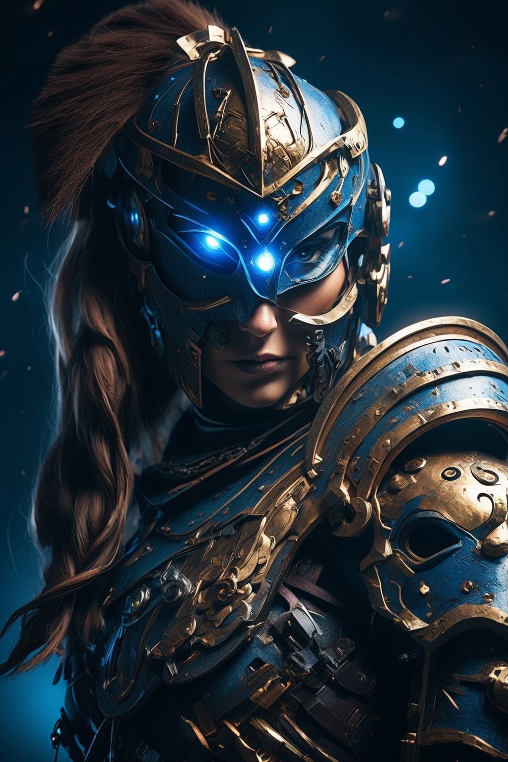 cinematic still, highly detailed, close portrait of female Viking warrior with face war paint, halo around her head, implanted blue eyes, (mechanical mask over mouth:1.1), cyberpunk aesthetics, 4K, high contrast, (film grain:0.8), back lighting
