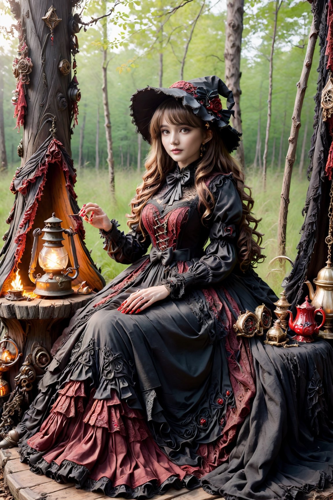 An artistic vision of a young witch dressed in gothic Lolita attire. Long wavy and disheveled hair. Witch hat. Long red nails. Rings with rubies. Her dress is embroidered in eerie of flower patterns and adorned with red lace and bows. She is sitting on a trunk by a campfire in the middle of the forest. A yellow Citroen 2CV, travel bags, a kettle, a cup, and a kerosene lamp. Cluttered maximalism. 64k, High angle. Haunting atmosphere. Practical lighting. Masterpiece, H effect,H effect