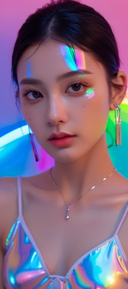 xxmixgirl, blue neon lights, somber expression, photorealistic, hyperdetailed, hyperrealism, cinematic, full body
flowing rainbow colored holographic background. Keywords: nike,  holographic,  iridescent,  vaporwave,  fluid., 