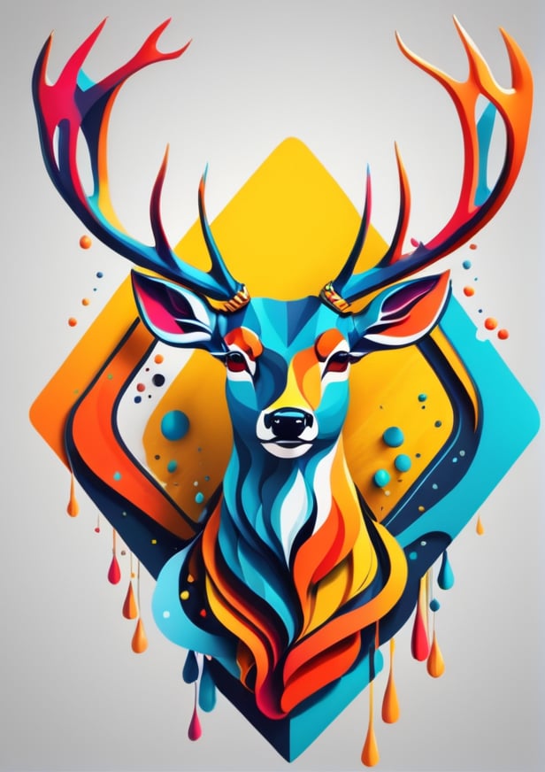 Deer head , symetrical, vector illustration, Leonardo Style,tshirt design,oni style, color splash, inkstrike (splatoon), ribbons, vibrant, full figure, ,3d style,3d figure,3d,3d render