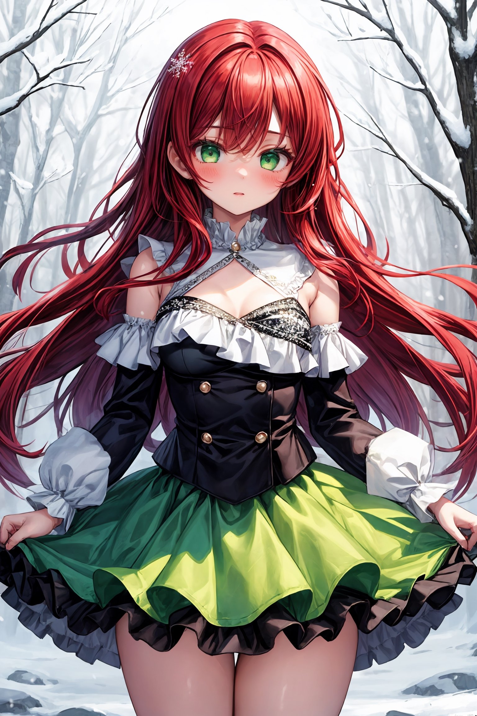 1 girl, red hair, mid-length hair, fit curvy body, medium breasts, pearl real green eyes, ((ruffled top)), (( tutu skirt)), snowy forest cenary full background, snow flakes falling 